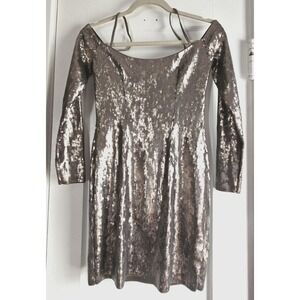 NWOT Express VOLCANIC ASH SEQUIN off the shoulder SHEATH dress copper woman Sz S